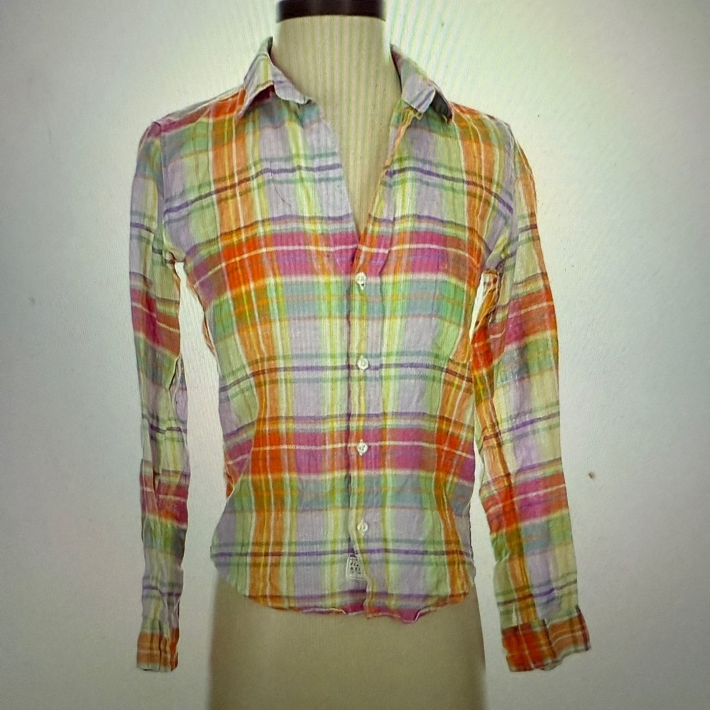 Frank & Eileen Barry Multicolor Rainbow Linen Plaid Button Up Shirt